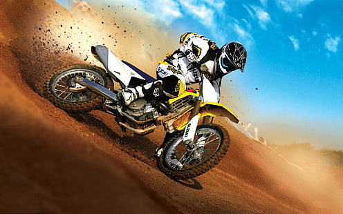 dirt bike bianco e giallo, bici, moto, motocross, Sfondo HD HD wallpaper
