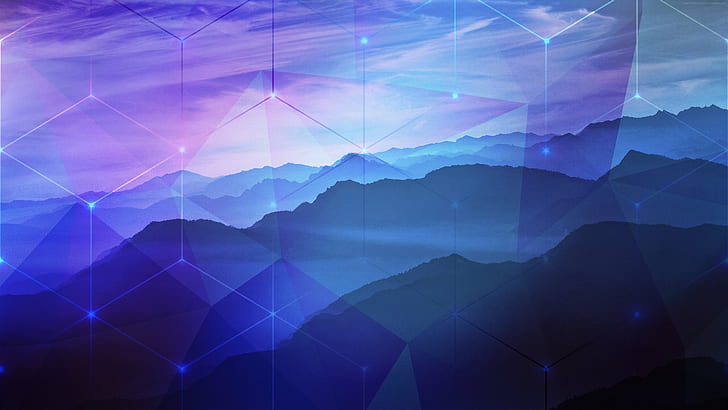 blue purple mountains hexagon photoshop 2k peaceful nature, HD wallpaper
