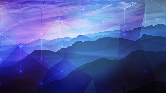 azul púrpura montañas hexágono photoshop 2k naturaleza pacífica, Fondo de pantalla HD HD wallpaper