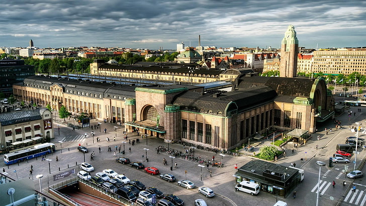 beige and brown concrete building during daytime, architecture, cityscape, city, capital, building, street, car, Helsinki, Finland, train station, tower, old building, crowds, tunnel, clouds, bird's eye view, Central railway station, Suomi, calm, sunlight, beige, HD wallpaper