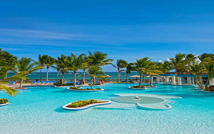 Caraibi Spiagge tropicali Resort Palme Alberi Oceano blu Spiagge di sabbia Cielo blu puro Estate Foto Wallpaper HD 1920 × 1200, Sfondo HD