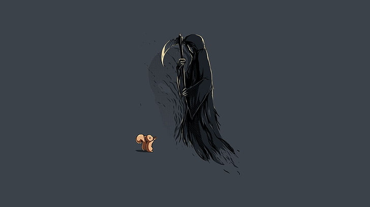 grim reaper clip art, black grim reaper illustration, threadless, simple, minimalism, humor, death, squirrel, simple background, HD wallpaper