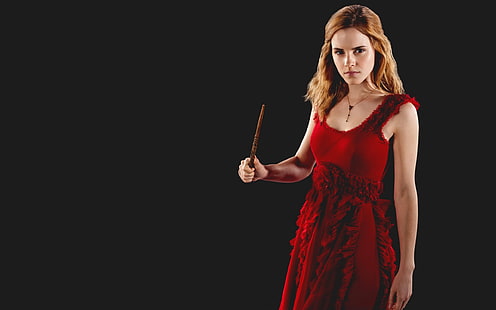 Emma Watson, donne, Emma Watson, Hermione Granger, Harry Potter, mago, film, attrice, abito, abito rosso, sfondo semplice, sfondo nero, Sfondo HD HD wallpaper
