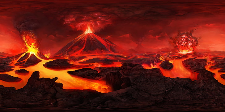 вулкан, арт, лава, вспышка, HD обои