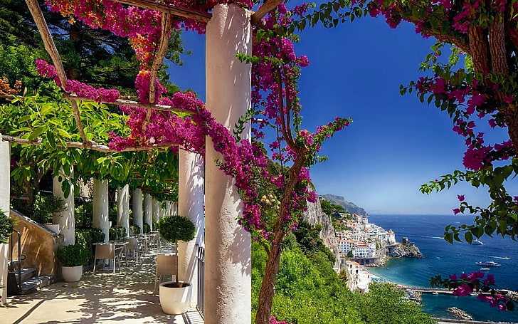 เมือง, Amalfi, ดอกไม้, บ้าน, อิตาลี, ต้นไม้, วอลล์เปเปอร์ HD