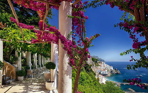 Villes, amalfi, fleur, maison, italie, arbre, Fond d'écran HD HD wallpaper