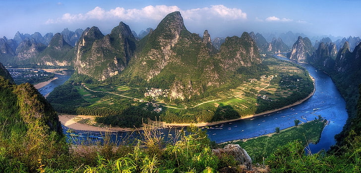 панорамы, река, горы, деревни, Китай, поле, дорога, лодка, природа, пейзаж, кусты, облака, закат, вода, синий, зеленый, HD обои