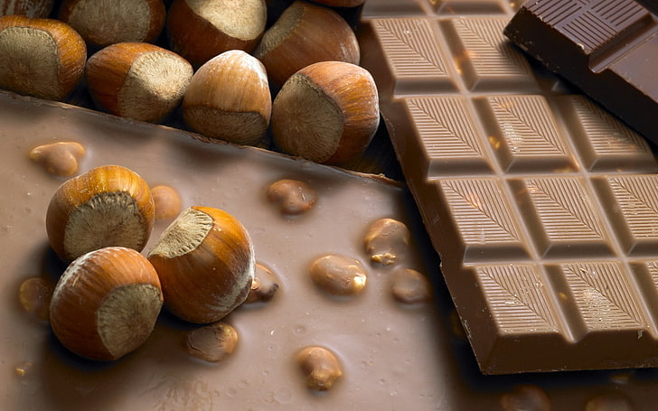 шоколад, шоколад, плитка, орехи, дерево, HD обои