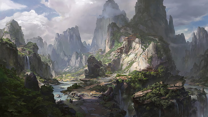 Ilustración de montaña blanca y verde, arte digital, montañas, arquitectura asiática, Fondo de pantalla HD