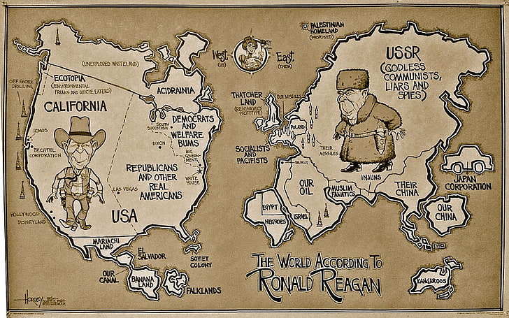 Ronald Reagan map, politics, caricature, humor, world map, HD wallpaper