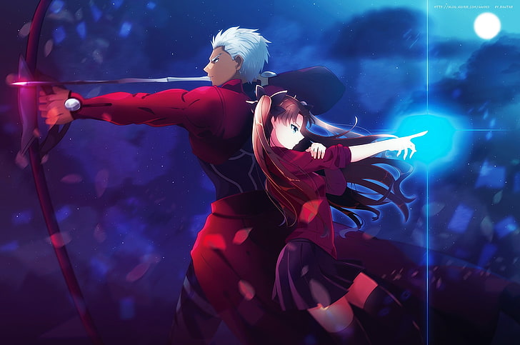 white haired man holding bow illustration, anime, Archer (Fate/Stay Night), Fate Series, Tohsaka Rin, HD wallpaper
