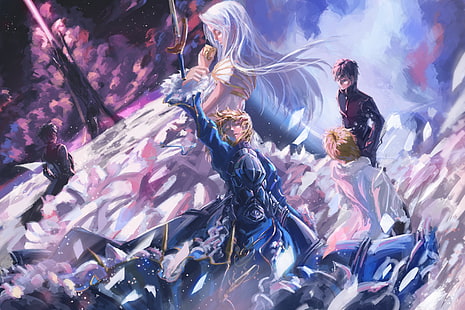 Seria losów, Fate / Zero, Kiritsugu Emiya, Irisviel von Einzbern, Gilgamesz, kotomine kirei, Sabre, Tapety HD HD wallpaper