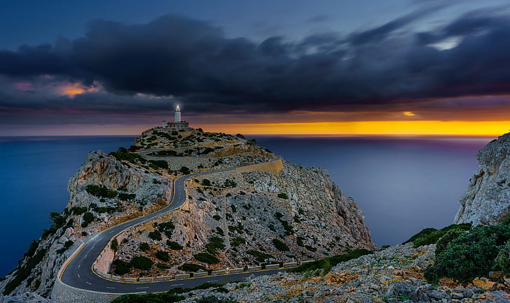 road, sea, the sky, clouds, stones, rocks, dawn, coast, lighthouse, horizon, Spain, Mallorca, Sunrise, HD wallpaper