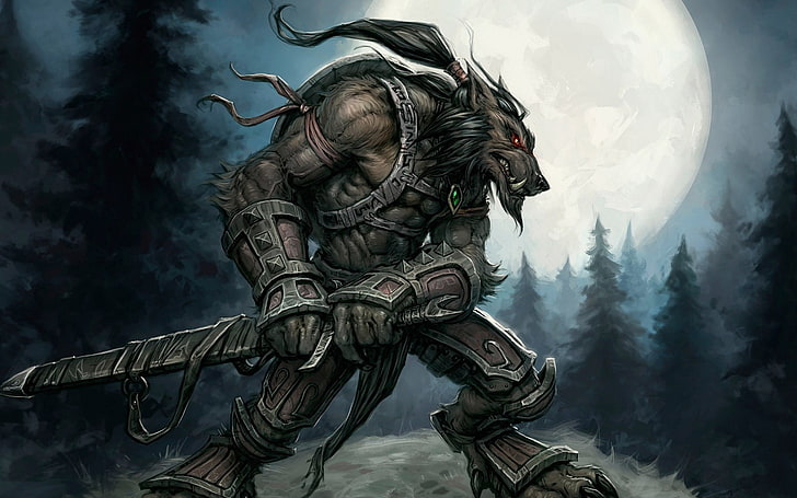 werewolf illustration, world of warcraft, sword, character, moon, forest, HD wallpaper