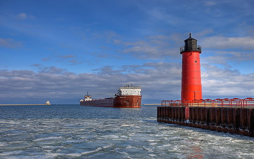 oil tanker, ice, lighthouse, sea, vehicle, ship, sky, HD wallpaper HD wallpaper
