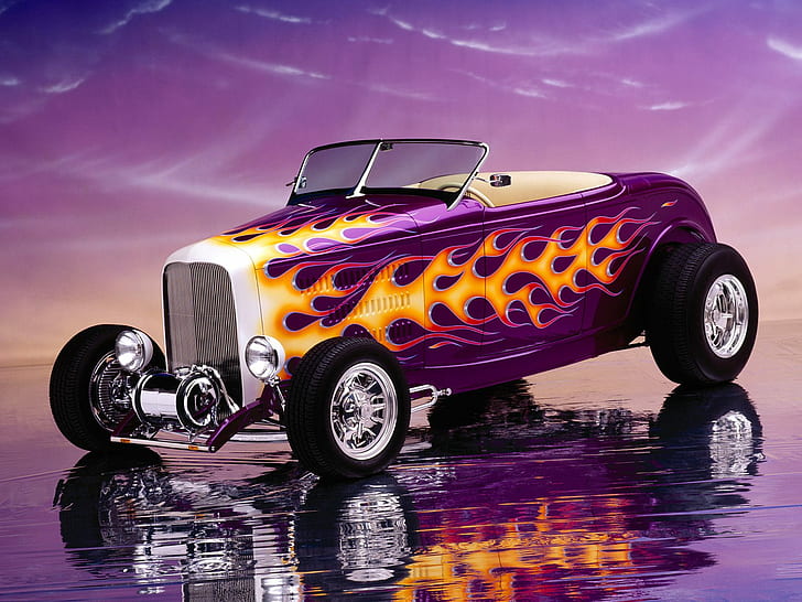 1932 Ford Hi Boy Roadster, purple, white, and orange flames hot rod car, ford, roadster, HD wallpaper
