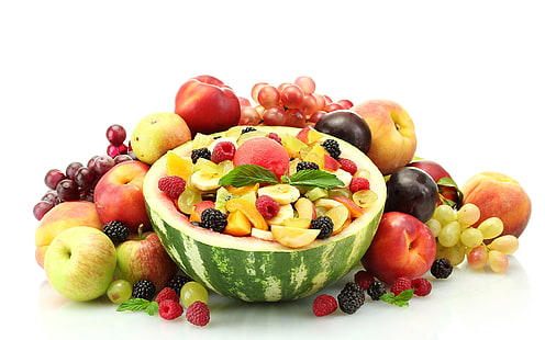 assorted-variety fruit lot, watermelon, plums, fruit, peaches, raspberries, bananas, berries, HD wallpaper HD wallpaper