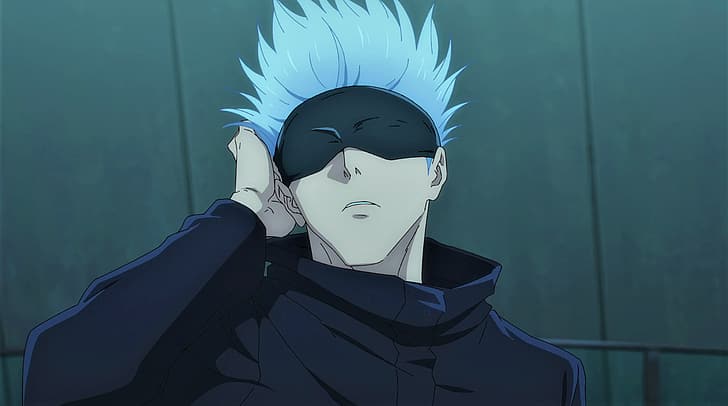 Jujutsu Kaisen, Satoru Gojo, blindfold, frown, white hair, hands, uniform, anime, Anime screenshot, anime boys, HD wallpaper
