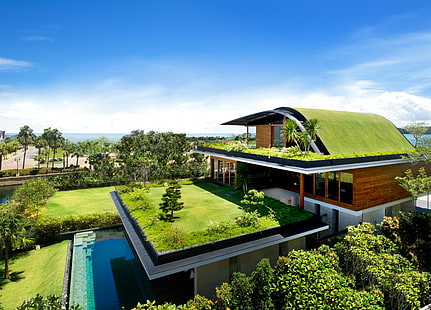 landskap, byggnad, gräs, pool, hus, HD tapet HD wallpaper