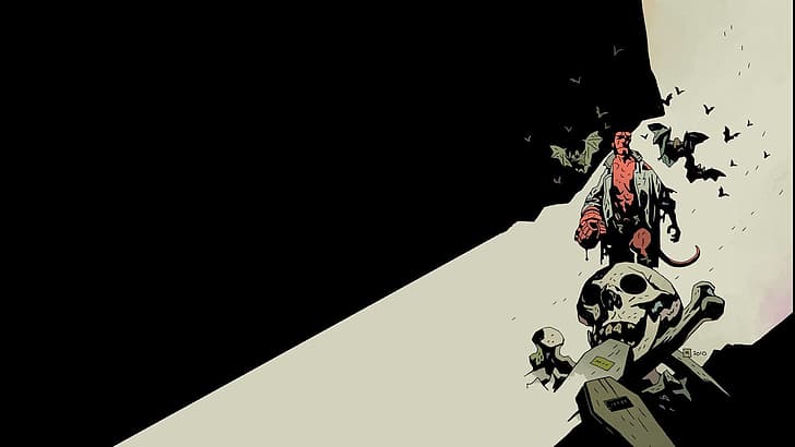 comics, Hellboy, skull, coffins, bones, bats, simple background, Mike Mignola, HD wallpaper