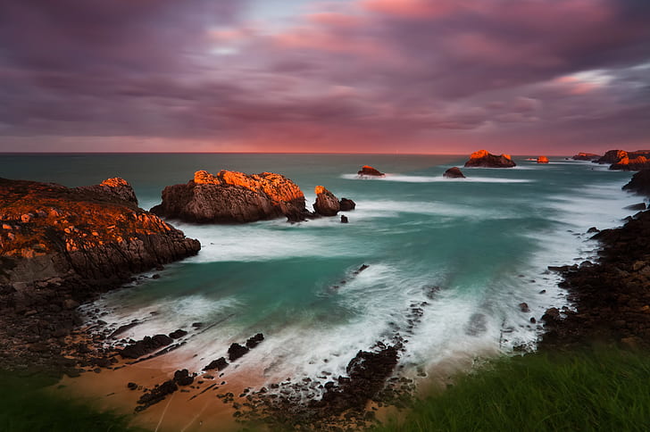 sea, light, sunset, stones, the ocean, rocks, coast, Spain, Cantabria, HD wallpaper