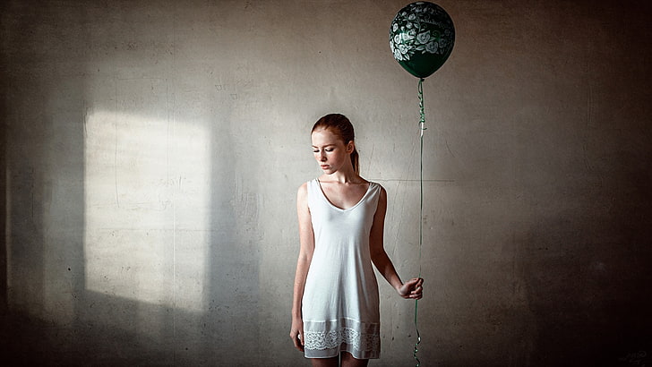 balão, balões, vestido, sardas, Georgiy Chernyadyev, ruiva, paredes, vestido branco, mulheres, HD papel de parede