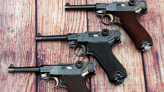 three black pistols, guns, Parabellum, P08, Luger, HD wallpaper HD wallpaper