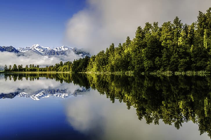 forest, mountains, lake, reflection, New Zealand, Lake Matheson, Southern Alps, HD wallpaper