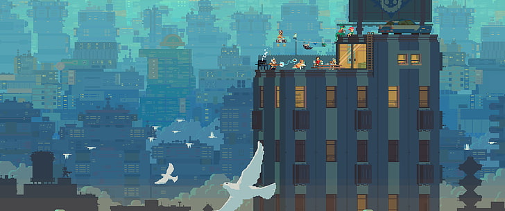 Ilustración azul del edificio, Super Time Force, píxeles, pixel art, Fondo de pantalla HD