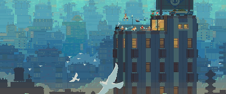 Ilustración azul del edificio, Super Time Force, píxeles, pixel art, Fondo de pantalla HD HD wallpaper