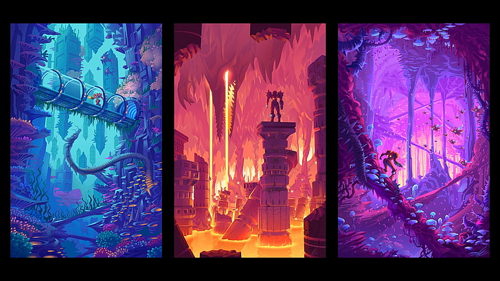 trzy panelowa okładka gry, Metroid, gry wideo, grafika, fantasy art, Tapety HD