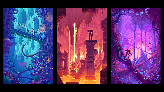 capa de jogo de três painéis, Metroid, videogame, arte, fantasia, HD papel de parede HD wallpaper