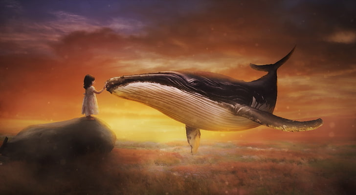 Dreamy World, blue whale illustration, Aero, Creative, paradise, girl, parimal, nakrani, savarkundla, dream, world, whale, oilpaint, sunset, HD wallpaper