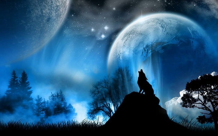 Le Loup solitaire, silhouette d'un loup hurlant et deux planètes art graphique, loup, paysage, lune, nuit, animaux, Fond d'écran HD