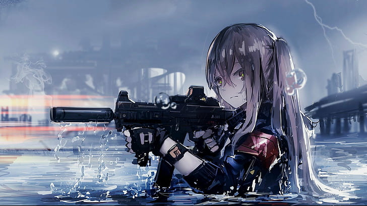 애니메이션 소녀, 돌격 소총, 총, HD 배경 화면