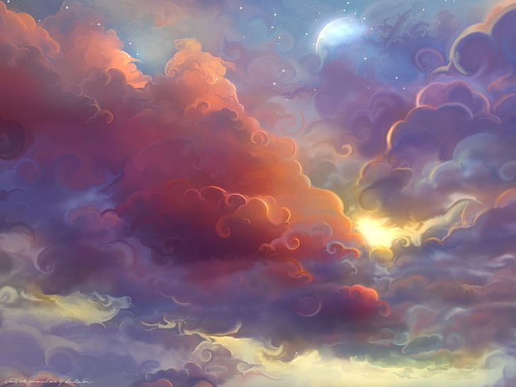 papel de parede céu nublado, obra de arte, nuvens, anime, colorido, lua, sol, estrelas, sombreamento suave, HD papel de parede