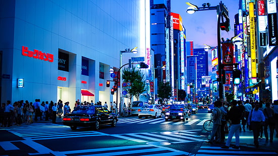 white concrete building, street, lights, Japan, Tokyo, HD wallpaper HD wallpaper
