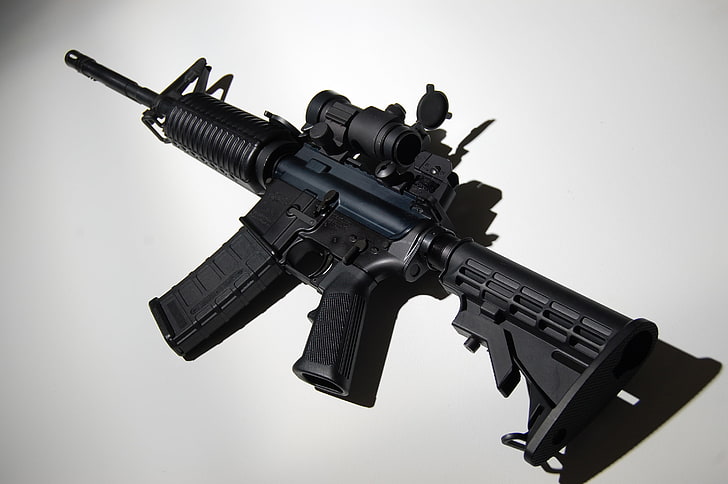 black assault rifle, weapons, background, machine, assault rifle, AR-15, HD wallpaper