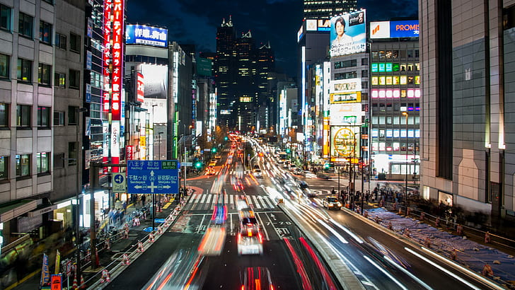 超高層ビル、ライトトレイル、サイン、都市景観、ランドマーク、ビルボード、ライトトレイル、交通、道路、通り、微速度撮影、ダウンタウン、夜、大都市、首都、都市、長時間露光写真、アジア、日本、東京、 HDデスクトップの壁紙