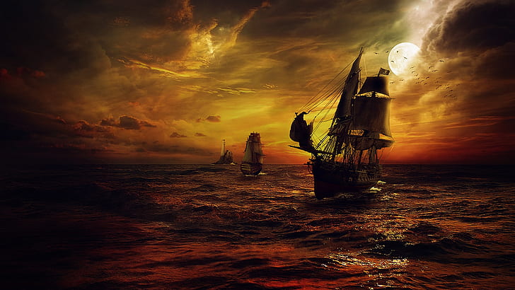 Pirate Ship Night Sailing Sea Night Moon Fantasy Art Wallpaper HD 1920 × 1080, วอลล์เปเปอร์ HD
