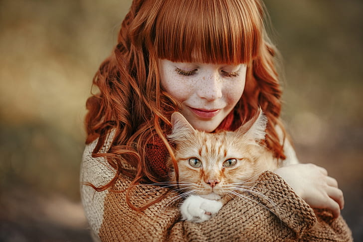 cat, friendship, girl, red, HD wallpaper