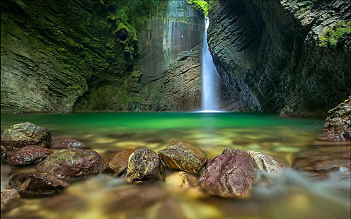 nature, paysage, étang, cascade, longue exposition, roche, mousse, érosion, Fond d'écran HD HD wallpaper