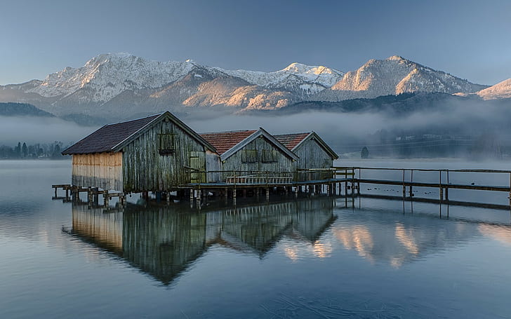 nature, Lake Kochel, lake, mist, landscape, boat houses, mountains, Germany, HD wallpaper