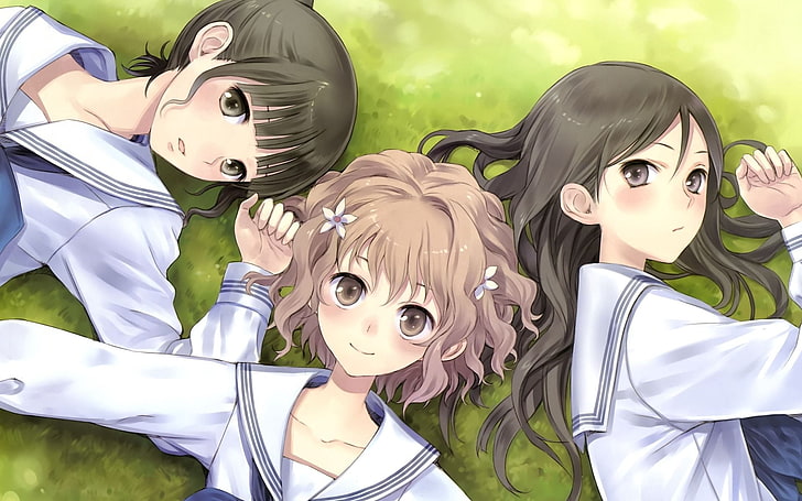 tre kvinnliga anime tapeter, anime, flicka, sommar, gräs, grön, kul, avkoppling, HD tapet