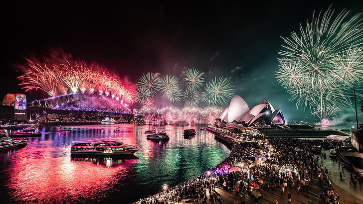 night, bridge, the city, lights, people, holiday, the crowd, salute, Australia, port, show, Sydney, fireworks, promenade, megapolis, the night sky, tourists, view, Opera house, boats, HD wallpaper