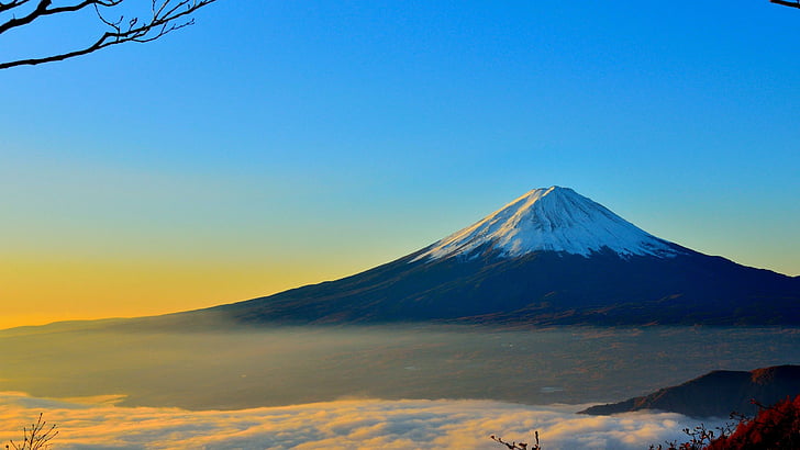 планина Фуджи, природа, планински релефи, планина, планинска природа, пустиня, стратовулкан, сутрин, планина, вулкан, зора, хоризонт, атмосфера, небе, Япония, Азия, HD тапет