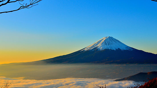 berg fuji, natur, bergige landformen, berg, bergkulisse, wildnis, stratovulkan, morgen, hochland, vulkan, morgendämmerung, horizont, atmosphäre, himmel, japan, asien, HD-Hintergrundbild HD wallpaper