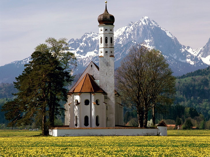 architecture, church, mountains, trees, Bavaria, Germany, HD wallpaper