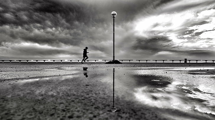 gray scale photo of person jogging near to body of water, morning, sport, gray scale, photo, person, jogging, body of water, monochrome, schwarzweiss, silhouette, bw, blackandwhite, explored, explore, black And White, people, outdoors, cloud - Sky, HD wallpaper