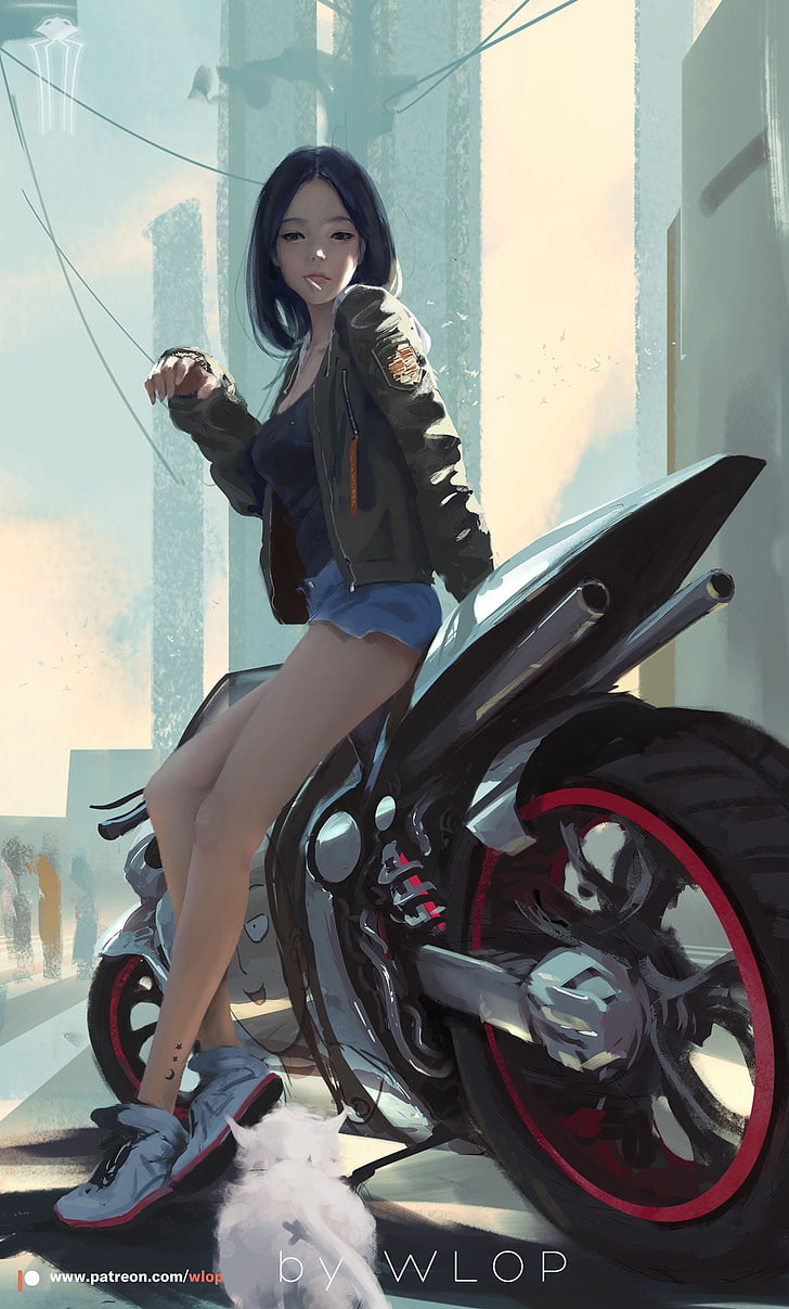 スポーツバイクイラスト、WLOP、アニメの女の子、オートバイ、ロリポップ、バイカージャケットに座っている女性、 HDデスクトップの壁紙、 スマホの壁紙